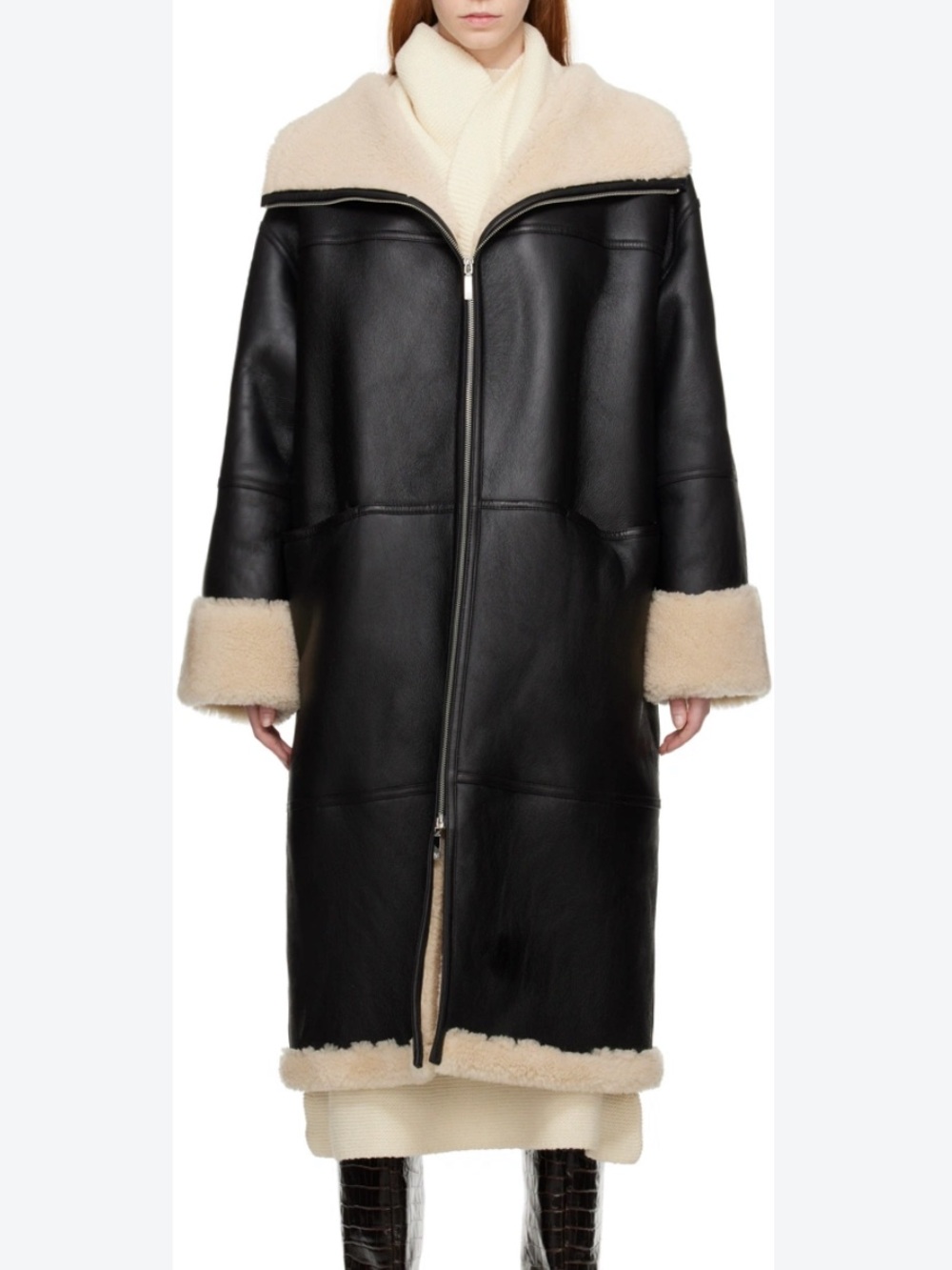 TOTEME Black & Cream Shearling Long Zip Coat